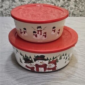 Festive Snowman Storage Bowls with Red Lids